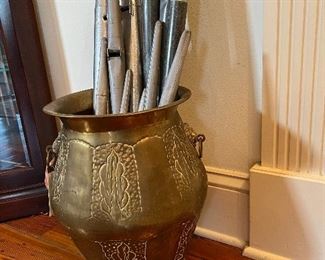 Vintage Footed Brass Urn with Lion Head Handles