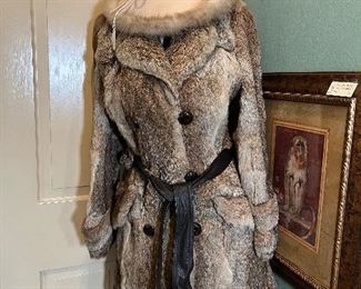 Vintage Rabbit Fur Jacket with Leather Belt and Vintage Mr John Jr. Fur Trimmed Felt Hat