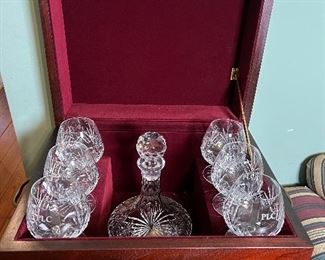 Brandy Box with Crystal Decanter and Six Crystal Snifters