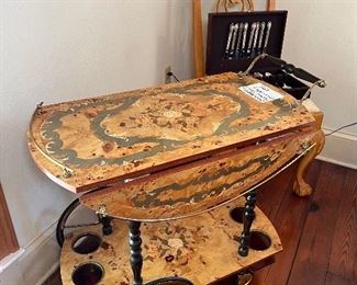 Italian Marquetry Drop Leaf Bar Cart with Brass Gallery