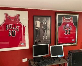 Autographed framed Bulls jerseys