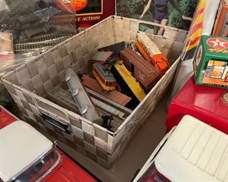 Vintage train engines and cargo, vintage roller skates, Vintage Chevrolet 1957 Belaire