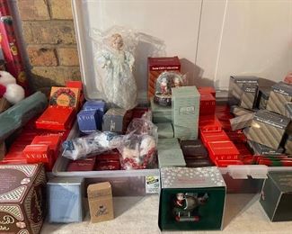 Vintage Avon Christmas ornaments, tree toppers, plates