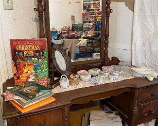 Vintage dressing table with bench, lots of jewelry containers, Christmas books