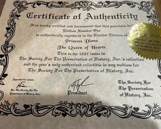 Certificate for Princess Diana doll