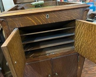 Record storage top and bottom of cabinet, great Tiger Oak wood 