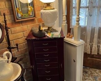 Dark Cherry Jewelry Chest (Light use), Milk Glass Gone with the Wind table lamp, hand made duck decoy