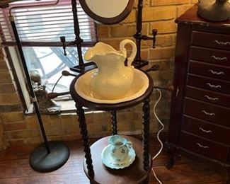 Wash stand with white pitcher and bowl