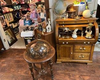 Wonderful globe on stand, small roll top desk, globes, brass collectables, Mexican art pieces, Tiffany style desk lamp