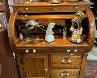Small roll top desk, good storage, globes, brass collectables, telephones
