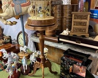 Musical carousel, small accent table, vintage jewelry boxes