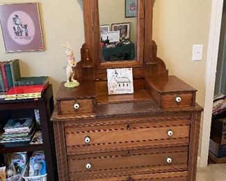 Beautiful Antique Mirrored Dresser in Eastlake Style with Inlaid Drawers and Porcelain Knobs