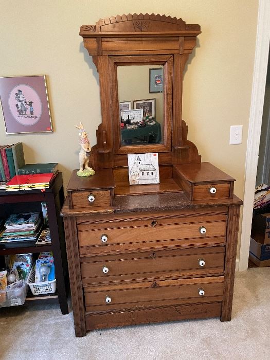 Beautiful Antique Mirrored Dresser in Eastlake Style with Inlaid Drawers and Porcelain Knobs