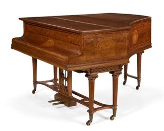 Produced for the Orchestrelle Company, Aeolian Hall, New Bond St., London, 1903.
F.A. Bevan, Esq., London, 1908.
With Harrods' Piano Department, London, 1960.
Property from the Zeichick Family, Los Angeles, CA.
    •            Dimensions: 
    •            height 39 1/2in (100cm); length 66in (167cm); width 58in (147cm)
    •            Condition: 
    •            Structurally sound. General marks, scratches, rubbing, wear, areas of lifting to inlay, scattered small losses to timber and areas of overpainted restoration. Some scattered abrasions to case, namely to lid. With a deeper gouge to underside of lid near key panel to left side. Oxidation to metal. Oxidation and dirt accumulation to keys. Dirt and dust accumulation to soundboard. Would benefit from overall cleaning and tuning. Serial number stamped to lid interior, underside of sliding music stand and bottom of key lid. Label to case interior.