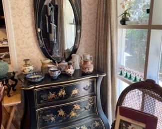 Pretty Asian black lacquer chest and mirror, various nice asian, polish etc pottery