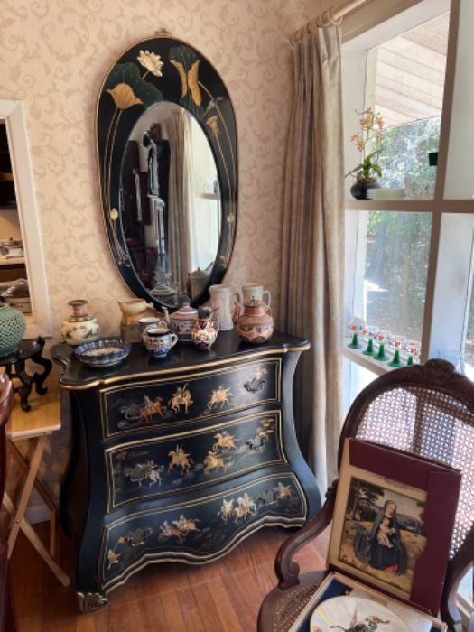 Pretty Asian black lacquer chest and mirror, various nice asian, polish etc pottery