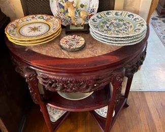 Italian and Portugal dishes, nice stand with rose marble top, Minton below 