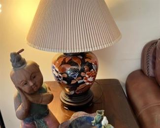 Nice Asian lamp, large wood carving and pottery dish