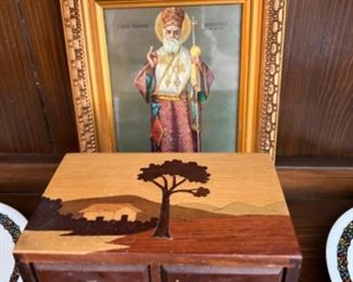 Inlaid wood box, older Russian icon framed