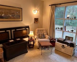 Headboard bed frame, folk & wicker  chests, asian wall art, figurines, skirted upholstered chair 