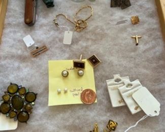 Earrings, cufflinks, chandelier lustres, Victorian watch fob chain, fur clip