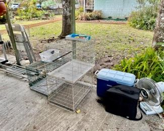 Bird cages, coolers, fan, chairs