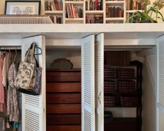 Books, clothes,  purses, chest of drawers, bookshelf