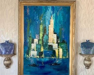 Vintage Original Oil on Canvas "Cityscape" by Sionilli...Possibly Chicago