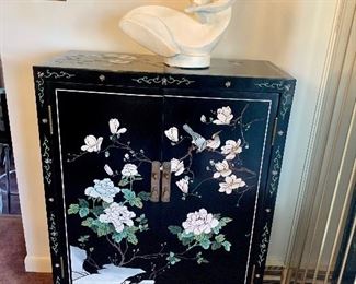 Vintage Black Laquered Cabinet....Painted Birds, Flowers