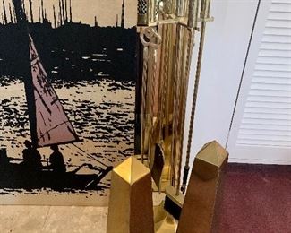 MCM Duck Head Fireplace Tools and Brass Obelisks on Sphere Feet - A Pair