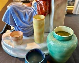 Rare Will George Grandmother Figurine.  Shown with Will George Pottery Vases