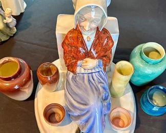 Rare Will George Grandmother Figurine.  Shown with Will George Pottery Vases