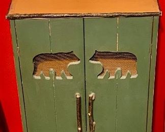 This is an adorable cabinet for a kids room with Bear Cut Out on Doors and Pine Tree