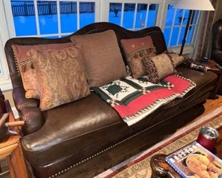 Hickory Chair Season Leather Sofa with Camelback and Nailhead Detail.