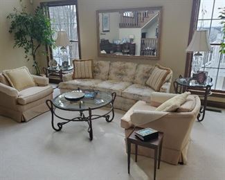 Standard size sofa 7' (2) matching glass top/metal end tables (1) matching coffee table