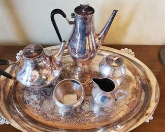 Danish tea set...Modernist "Denmark" by Reed and Barton 5pc silver plate tea set with tray. Designed by John Prip in 1960. Pictured in the book "Modernism in American Silver" by Stern