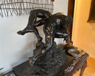 Bronze sculpture of two wrestlers by Joseph (Jef) Lambeaux, signed.