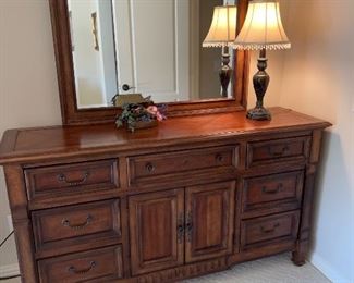 Broyhill suite includes dresser, mirror, nightstand, king bed, leather bench, armoire!