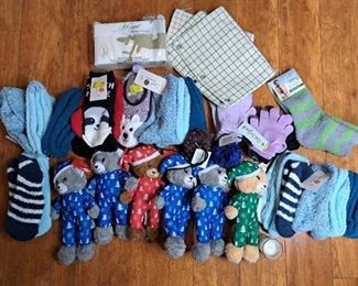 Lot of Fuzzy Socks, Soft Teddy's, Childrens Gloves and Canvas Pencil Bags