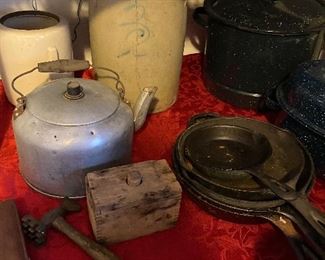 Crocks,butter mold, teapot, Iron skillet, canning pots