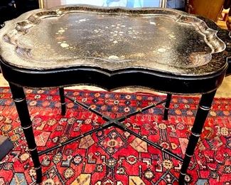 3j9. Papier mache tray made into a table