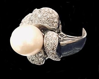 White Gold and Pave Diamond Ring with South Sea Pearl