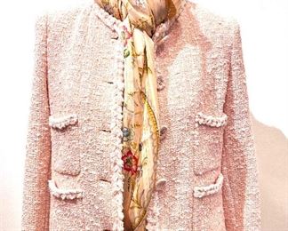 5f1. Pink Chanel suit with Hermes scarf