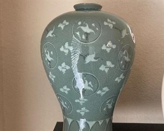 Korean Celadon Meiping Vase with Cranes