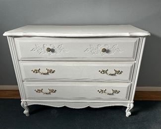 French country style white painted 3 drawer chest and matching nightstand
