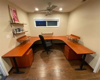 Ikea Double Desk Set 8'x9'2"x8', (2) under desk file cabinets, under desk computer mount, (2) bookshelf risers