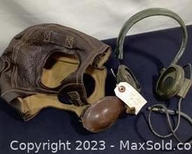 wvintage leather pilots cap and headset241 t