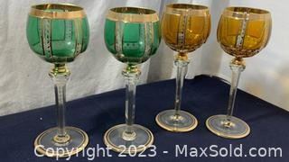 wgreen and yellow bohemian crystal moser goblet wine glasses1061 t