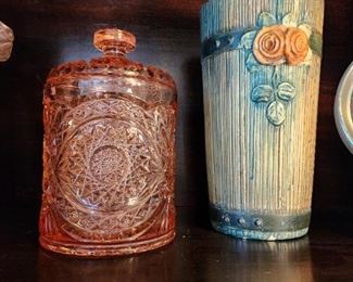 Imperial Glass Hobstar Pink Cookie Biscuit Jar Canister & Weller Pottery Woodrose Bucket Vase