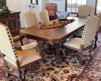 Carved Dining Table - Eight Upholstered Chairs